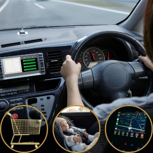 Shopping cart icon with car accessories like GPS and child seat